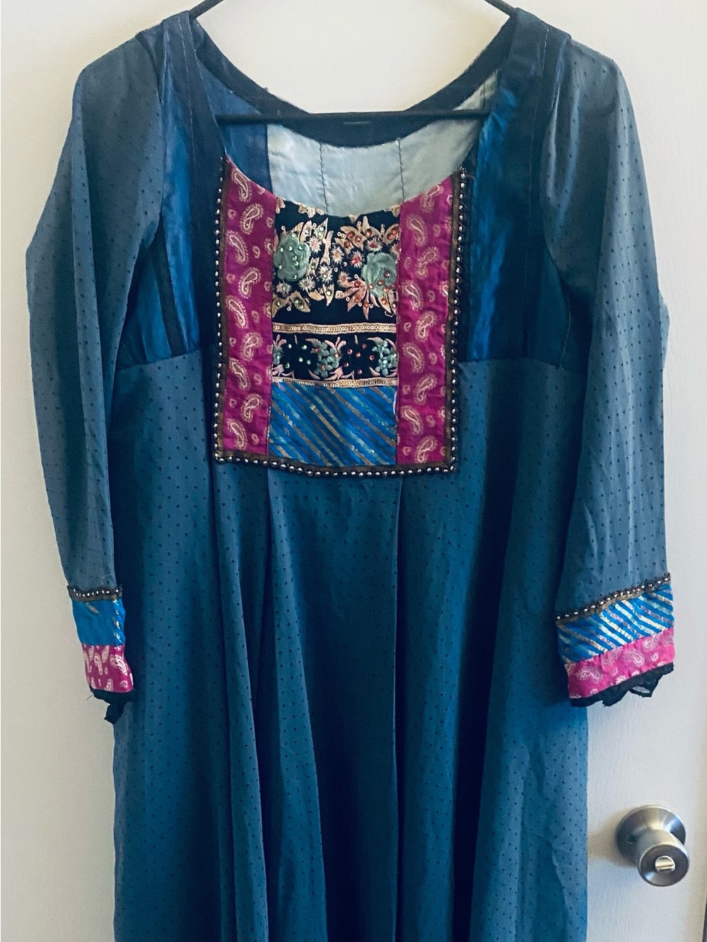 Women Teal Embroidered Dress with Pink Accents